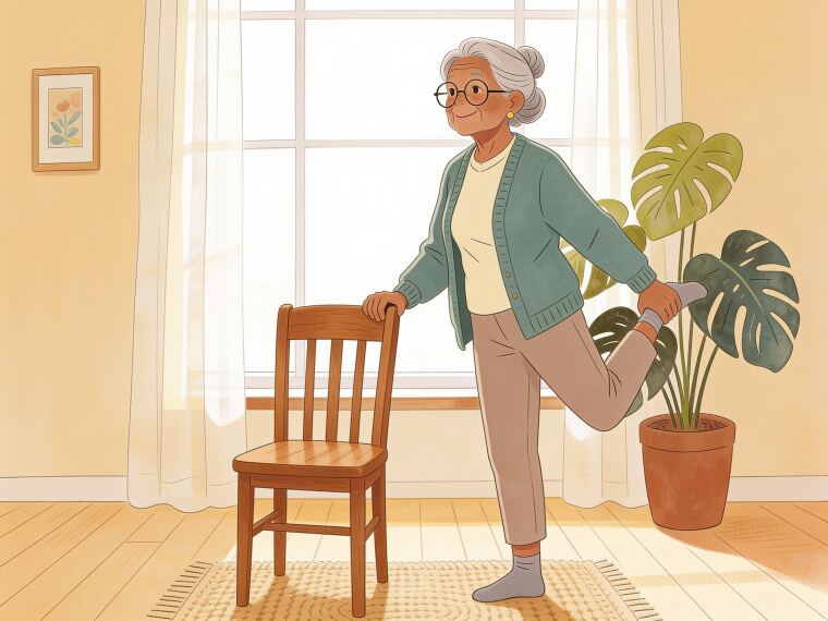 An older woman holding a chair and lifting one leg out to the side, a standing side leg lift