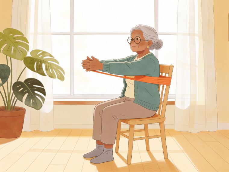 An older woman doing a seated chest press with a resistance band around her back, pressing both hands forward