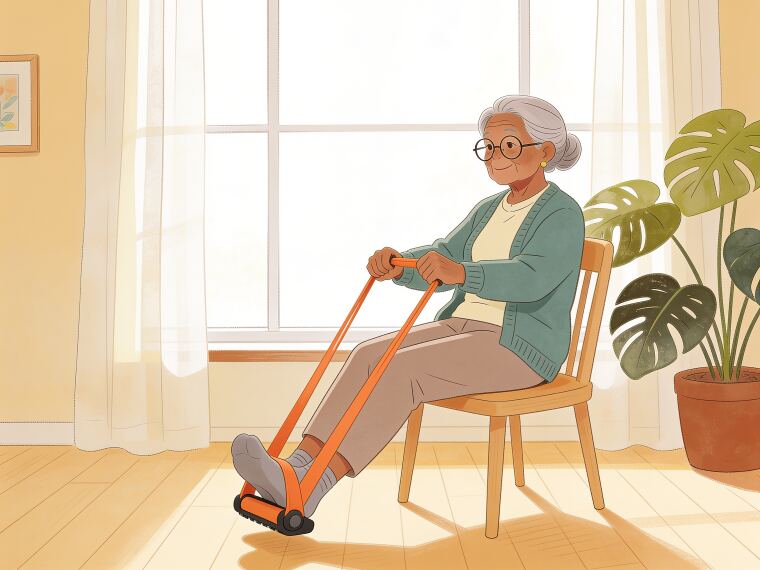 An older woman doing a seated leg press against a resistance band looped around one foot
