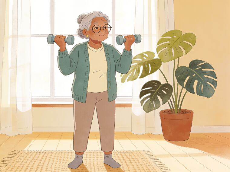 An older woman standing and curling a light dumbbell in each hand up towards her shoulders, doing a bicep curl