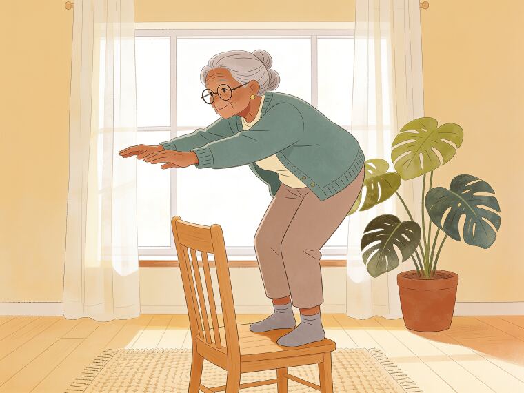 An older woman rising up from the front edge of a sturdy chair using her legs, doing a chair stand