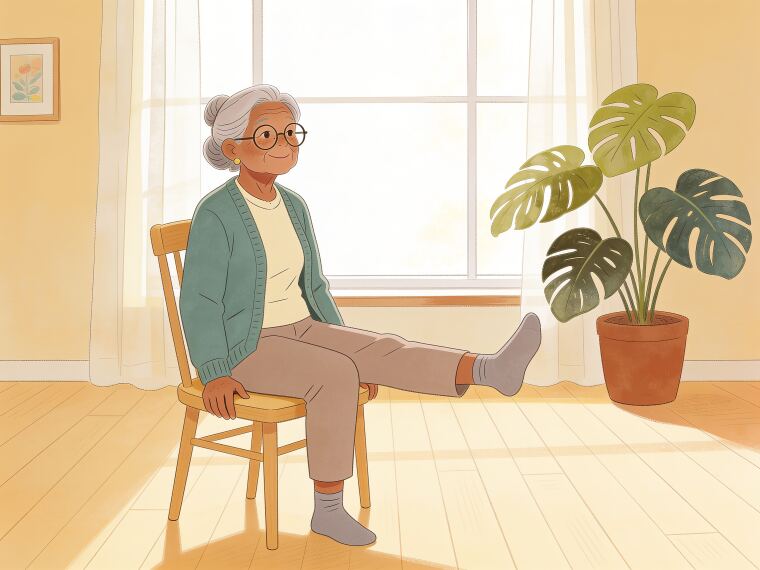 An older woman sitting tall on a chair with one leg extended straight out in front, doing a seated leg extension