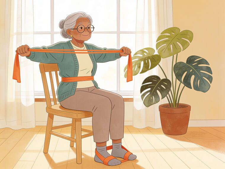 An older woman sitting tall on a chair doing a seated row with a resistance band, pulling her elbows back