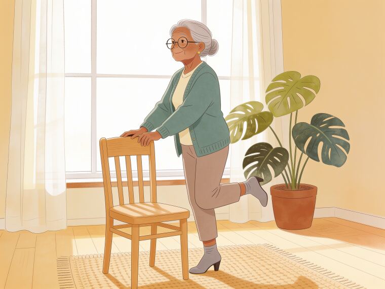 An older woman holding a chair back and rising onto the balls of her feet, doing a standing calf raise