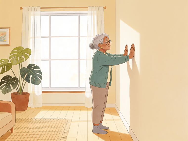 An older woman doing a standing wall press-up with both palms flat against a wall