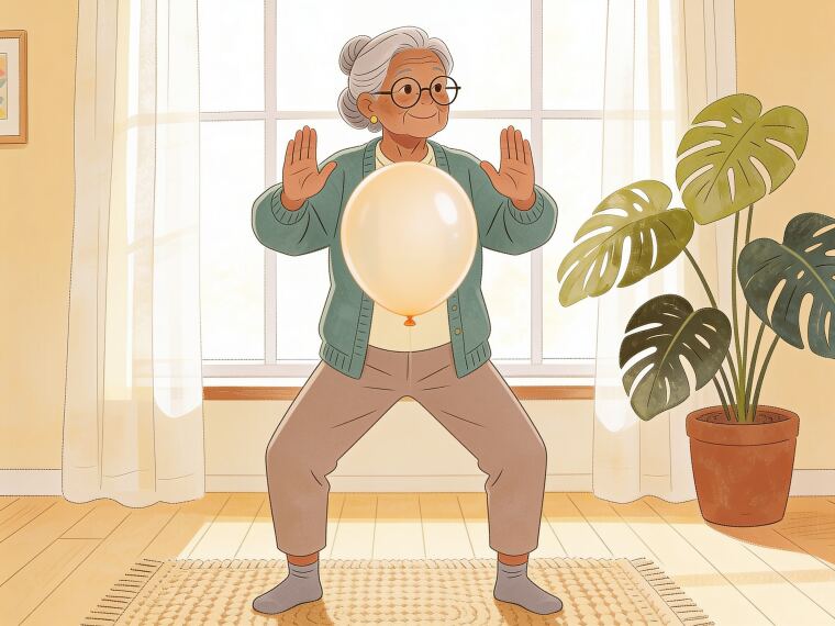 An older woman standing with both arms raised gently to shoulder height, a calm tai chi commencing pose