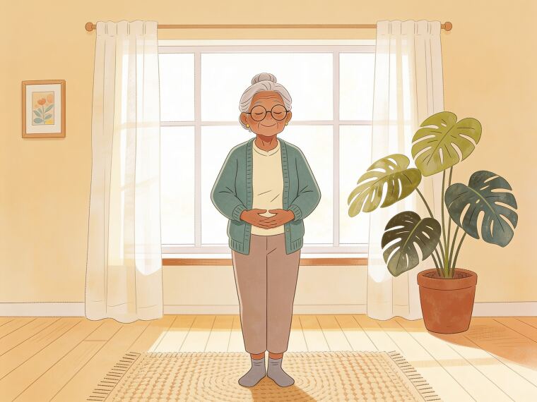 An older woman standing with feet together and hands resting softly in front of her, a calm tai chi closing pose