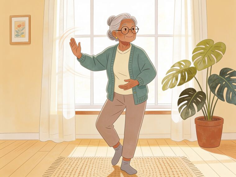 An older woman in a flowing tai chi stance, one hand sweeping up and out, the other drifting down