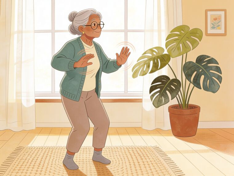 An older woman gently turning her upper body with hands drifting across at chest height, waving hands like clouds