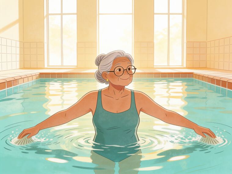 An older woman sweeping both arms out to the sides through the water in a pool