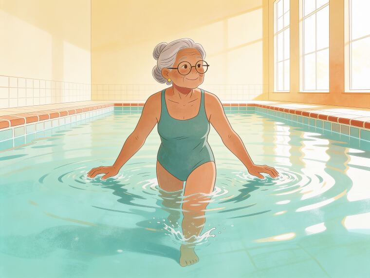 An older woman bouncing lightly on the spot in a pool
