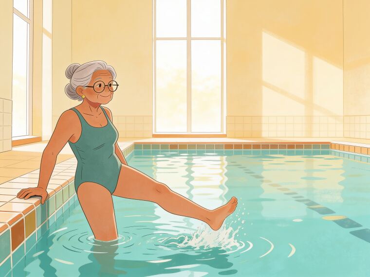 An older woman holding the pool edge and swinging one leg through the water