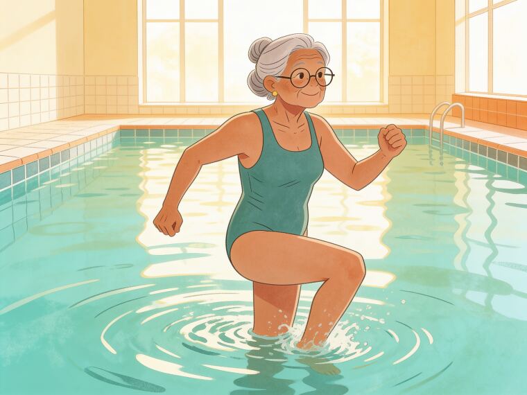 An older woman marching on the spot in a pool, lifting one knee towards the surface