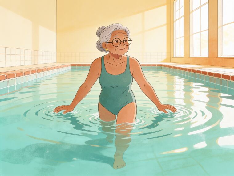 An older woman walking through waist-deep pool water, pushing gently against the water