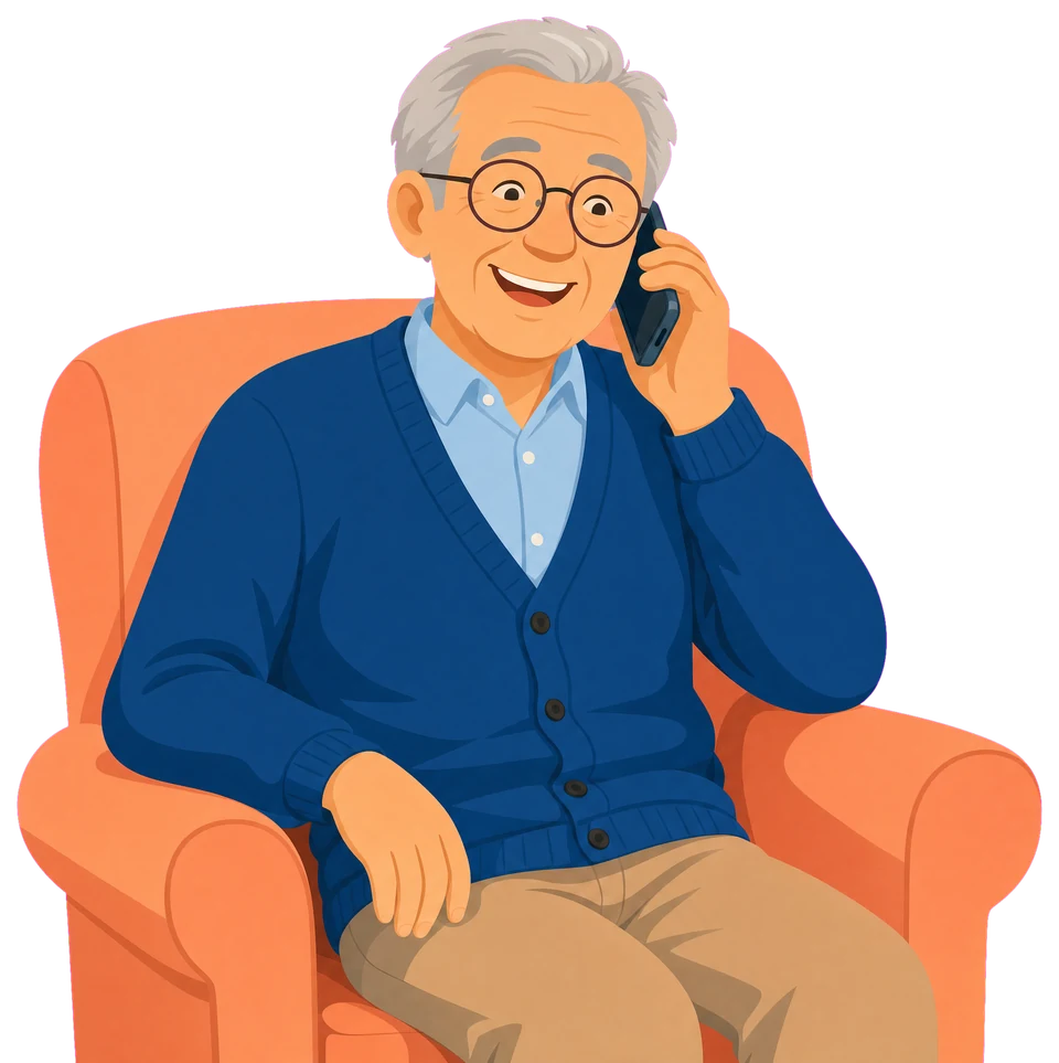 Illustration of a smiling older man in an armchair answering his daily AI phone check-in call