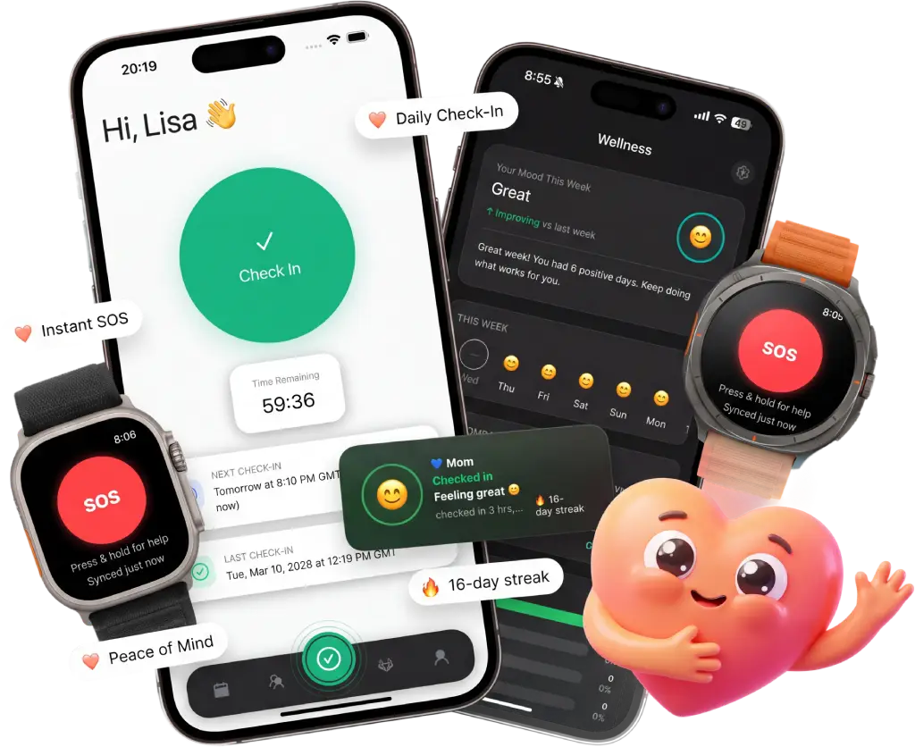 AssureOkay check-in app shown on two iPhones alongside the Apple Watch and Wear OS SOS screens