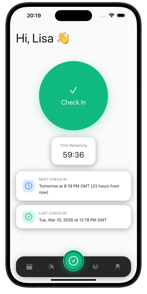 AssureOkay check-in app interface on iPhone showing daily safety check-in features