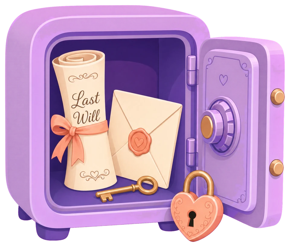 Illustration of an open safe holding a last will scroll, a sealed envelope, and a key, representing AssureOkay's secure digital will storage