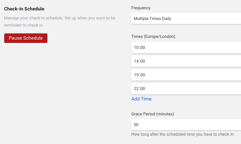 Customizable check-in schedule interface