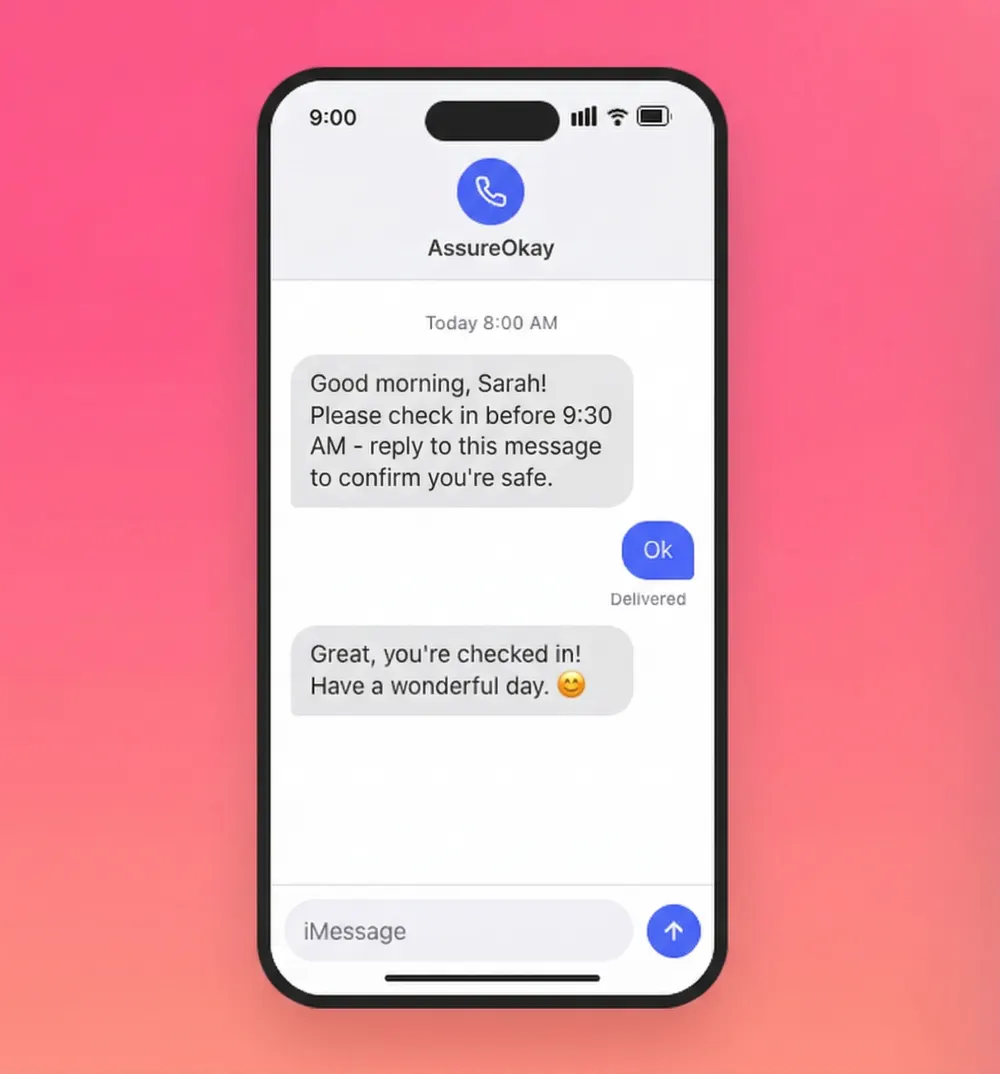 SMS Check-in conversation showing AssureOkay sending a morning check-in message and the user replying Ok