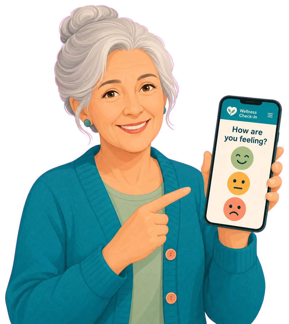 Illustration of a smiling older woman holding a phone showing the AssureOkay wellness check-in with happy, neutral, and sad mood options