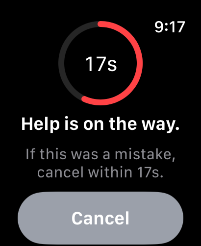 Help is on the way countdown screen on Apple Watch