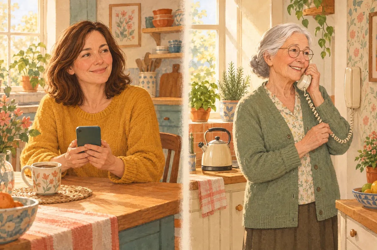 An adult child at home smiling with relief at her phone while her elderly parent, across town, happily answers a home phone