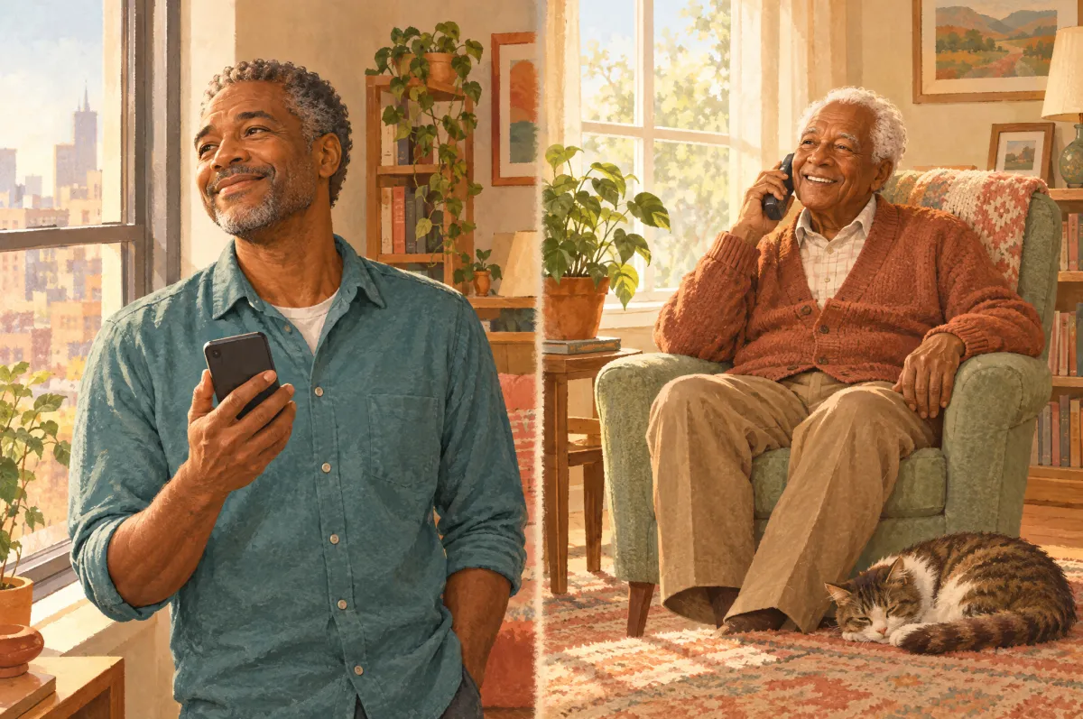 An adult child at home smiling with relief at her phone while her elderly parent, across town, happily answers a home phone